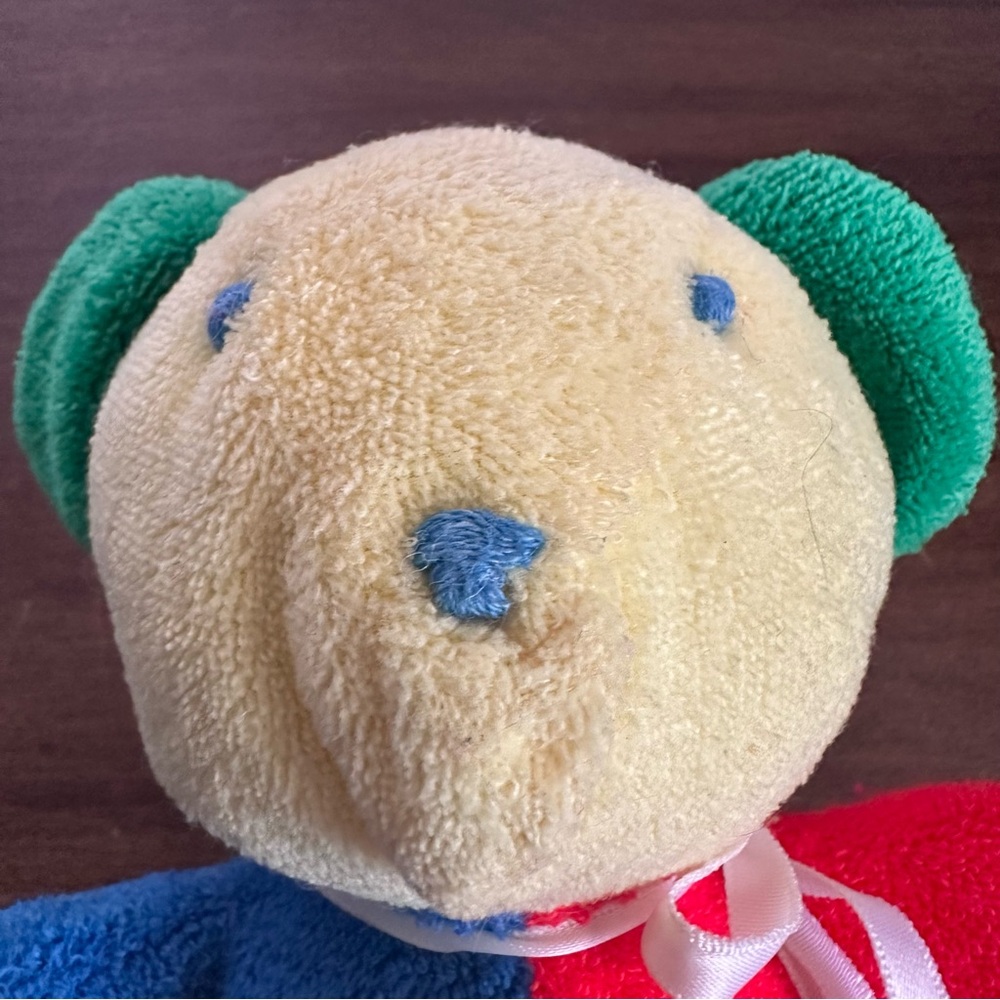Vintage Eden Teddy Bear Plush Baby Rattle Toy Primary Colorblock Terrycloth 7” - Picture 6 of 6